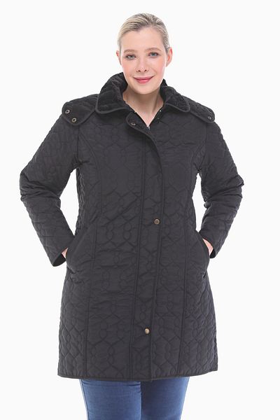 VETRE Women's Large Size Hooded 95 Cm Black Quilted Coat 1016