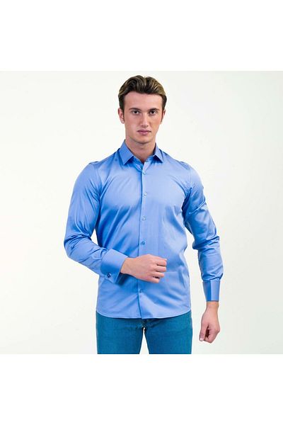 Exve Exclusive Cămașă albastră, 100% bumbac, elegantă, uni, franțuzească, cu manșetă dublă, cu butoni