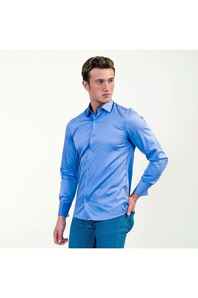 Exve Exclusive Cămașă albastră, 100% bumbac, elegantă, uni, franțuzească, cu manșetă dublă, cu butoni