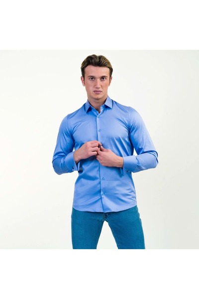 Exve Exclusive Cămașă albastră, 100% bumbac, elegantă, uni, franțuzească, cu manșetă dublă, cu butoni