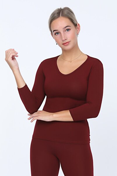 OBJE Claret Red Combed Cotton Modal V-Neck Capri Sleeve Bady