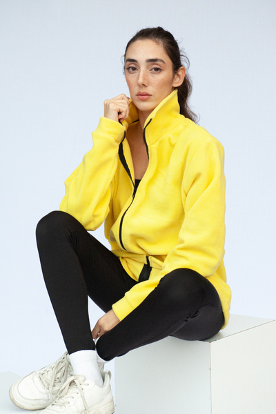 Vatkalimon Yellow Oversize Loose Cut Stand Collar Pocket Detailed Zippered Non-Pilling Fleece