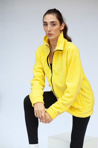 Vatkalimon Yellow Oversize Loose Cut Stand Collar Pocket Detailed Zippered Non-Pilling Fleece
