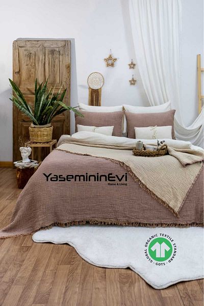 YASEMİNİNEVİ Muslin / Coffee-Light Brown / Single/ Bedspread/ Pique Set (1 Pillow Case)
