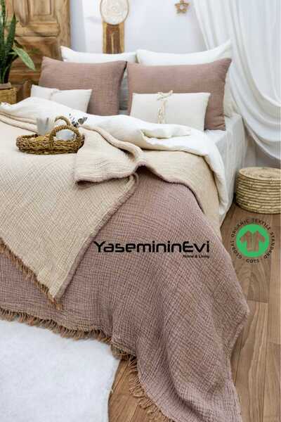 YASEMİNİNEVİ King Size Brown - Light Brown Muslin Bedspread / Pique Set with 2 Pillowcases