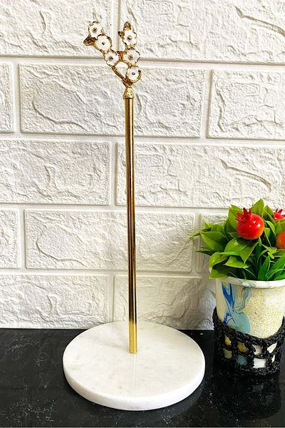 Jenisa White Round Marble Gold Flower Accessory Decorative Roll Paper Towel Holder