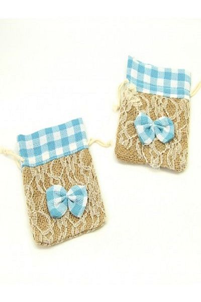 Kazanabil 10-Piece Bow Detailed Plaid Jute Straw Baby Pouch BLUE