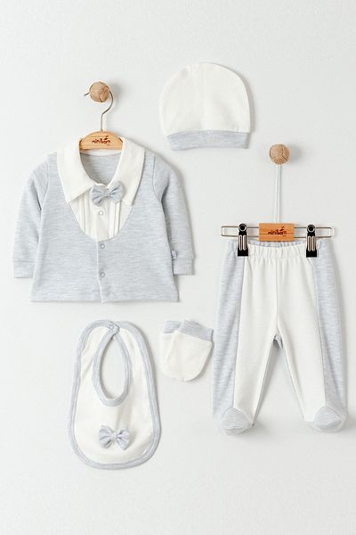MİNİBORN NEW BORN BOY LONG SLEEVE GRAY CLAS BOY SET OF FIVE