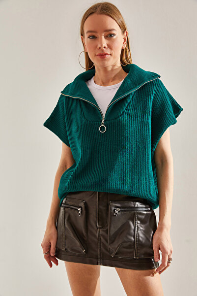 Bianco Lucci Women's Collar Zippered Short Sleeve Knitwear Sweater