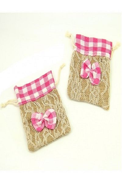 Kazanabil 10-Piece Bow Detailed Plaid Jute Straw Baby Pouch Pink