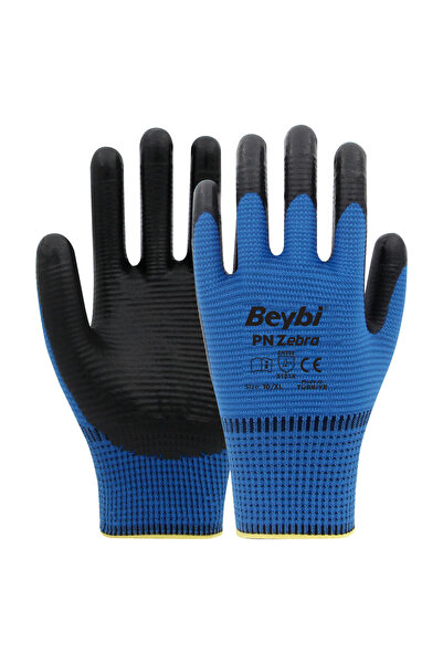 Beybi Pn Zebra Polyester Örme Nitril Eldiven 12 Çift – Mavi - Siyah
