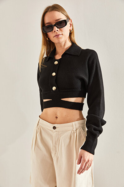 Bianco Lucci Women's Polo Collar Buttoned Knitwear Cardigan