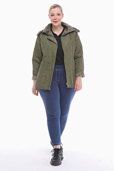 VETRE Women's Large Size Hooded 75 Cm Khaki Quilted Coat 1014