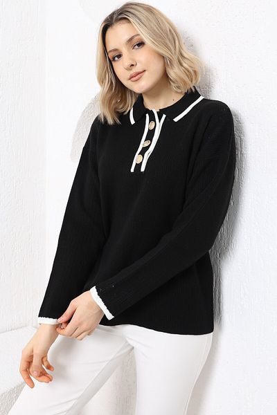 VEGENZE Pulover de damă, negru, ecru, cu nasturi, tricotaj, cu guler polo