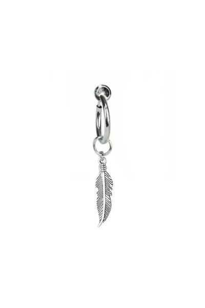 Jaida Moda Unisex Gray Compression Feather Figured Dangle Steel Fake Hoop Earrings
