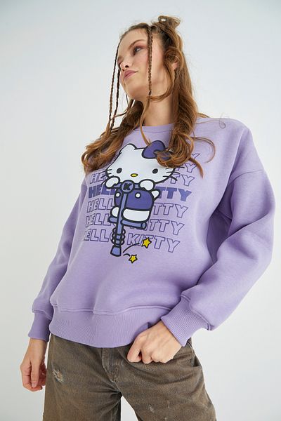 Hello Kitty Hanorac liliac, imprimat cu licență, cu gât gros, supradimensionat, Roz-95