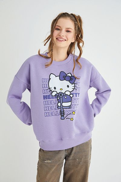 Hello Kitty Hanorac liliac, imprimat cu licență, cu gât gros, supradimensionat, Roz-95