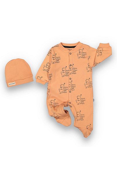dk denemekabini Baby Bear Patterned Beret 2-Piece Snap-On Jumpsuit - Dried Rose