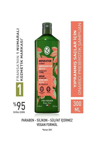Yves Rocher Prebiotic Repair Shampoo - Damaged Hair, Organic Jojoba Oil (Omega 6 & 9) and Agave 300 ml