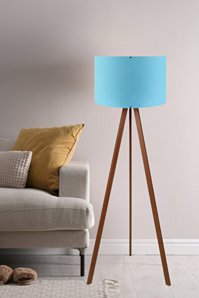 Art&Gift Pratik Ahşap Üç Ayaklı Lambader Mavi Turkuaz Silindir Başlık Köşe Lambası