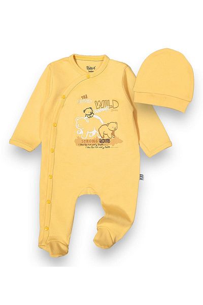 dk denemekabini Baby Bear Patterned Beret 2-Piece Jumpsuit with Snap Fasteners - Yellow