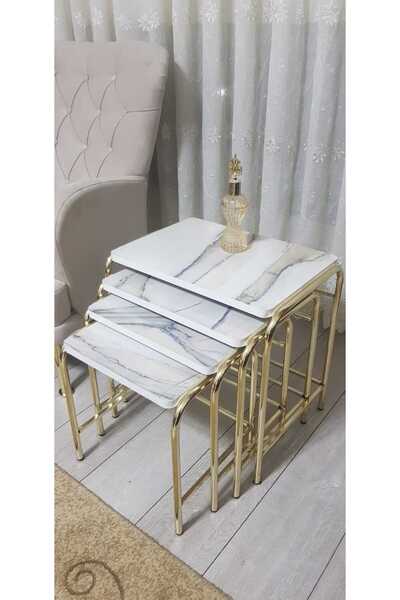 GÜVENÇ 4'lü Zigon Sehpa Sarı Nikelaj Kaplama Metal Ayaklı Beyaz Mermer Desen