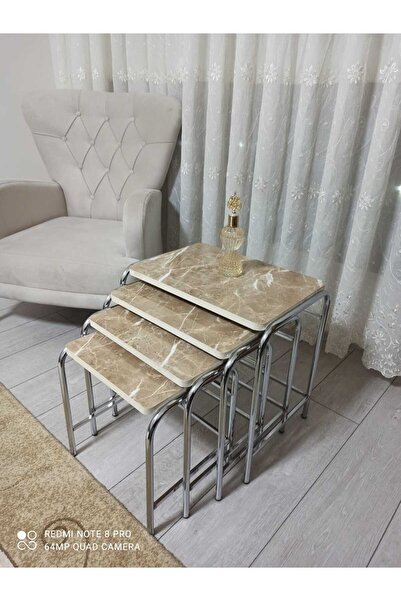 GÜVENÇ 4'lü Zigon Sehpa Nikelaj Kaplama Metal Ayaklı Kahverengi Mermer Desen
