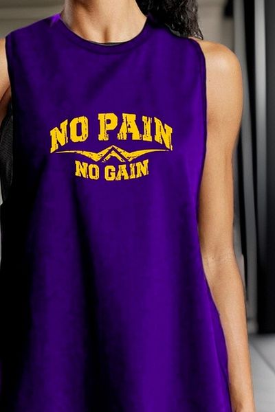 BESSA Women's No Pain No Gain Printed Purple Oversize Crew Neck Cotton Sleeveless T-Shirt/Athlete