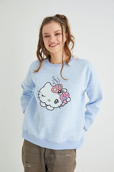 Hello Kitty Hanorac tipărit licențiat cu decolteu tripu, gros oversize, albastru Melange Roz-105