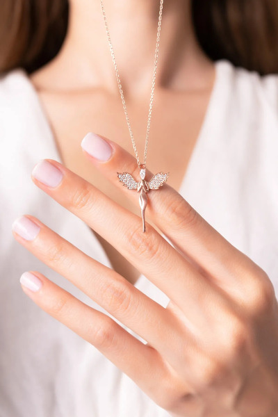 Eva Jewelry Kanatlı Melek Beyaz Taşlı 14k Rose Gold Kaplama Kadın Kolye