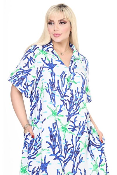 Eceyaman moda women's white green coral print oversize dress