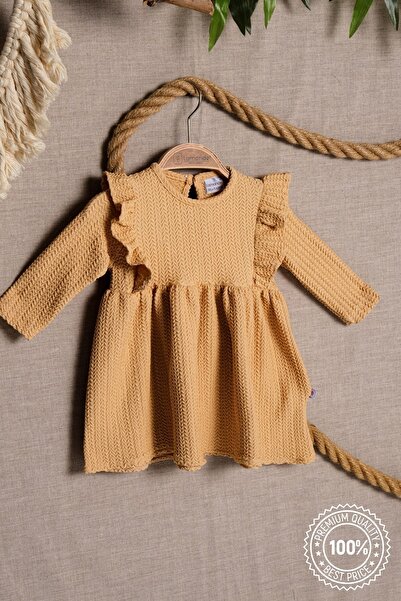 Lamonde Kız Bebek Fırfır Yaka Detaylı Kendinden Desenli Elbise %100 Pamuk 6-9...