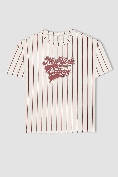 DeFacto Girls' Stripe Printed Pajamas Set - Short Sleeve and Elastic Waist C1945A824Sp