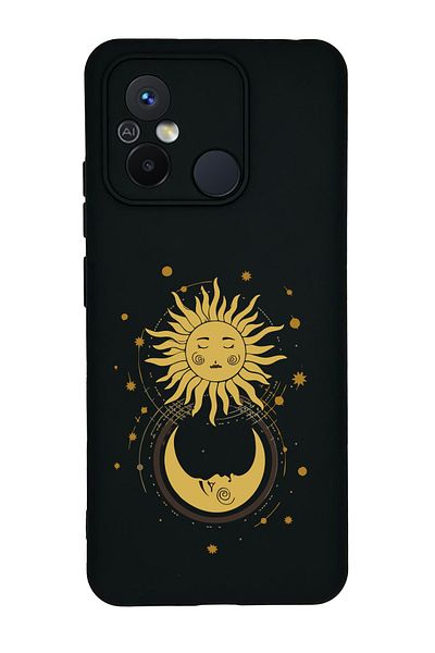 Merwish غطاء حماية من السيليكون متوافق مع هاتف Xiaomi Redmi 12c بنمط الشمس والقمر باللون الأسود