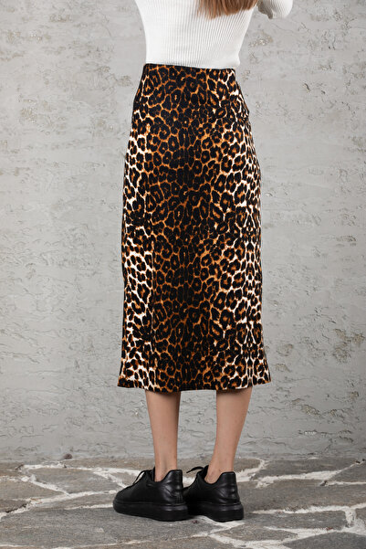 Markleydi Women's Leopard Pattern High Waist Slit Soft Textured Midi Skirt