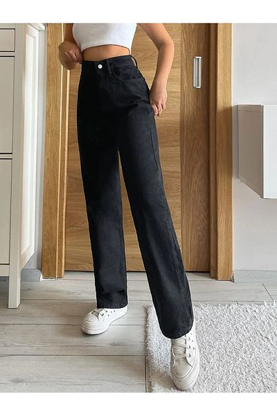 Livik Girl's Black Lycra Super High Waist Loose Leg Jeans