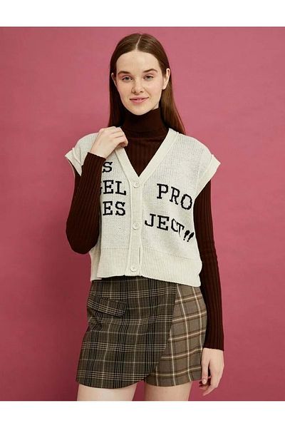 Koton Knitwear Vest Patterned Shirt Buttoned Collar Sleeveless Beige Patterned