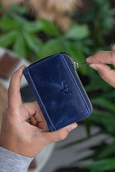 Garbalia Sydney Genuine Leather Coin Purse Zippered Crazy Navy Blue Wallet