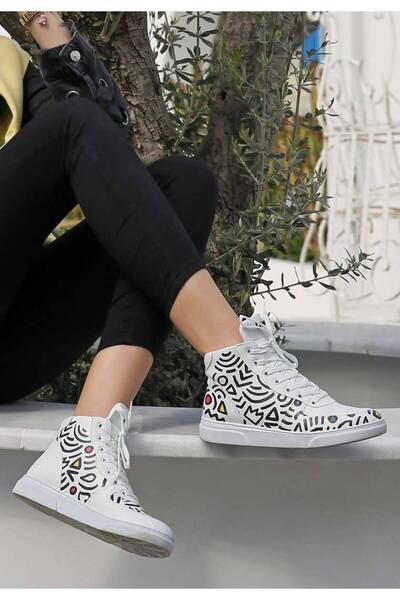 Dogo Жіночі веганські шкіряні білі високі кросівки - Абстрактний контур білий...