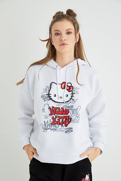 Hello Kitty Άδεια χρήσης εμπριμέ με κουκούλα χοντρή υπερμεγέθη λευκή φούτερ Roz-112
