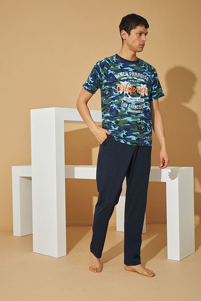 İPEKTENİM TEKSTİL SET PIJAMA BĂRBAȚI CU MODEL DE CAMOUFLAGE ALBASTRU ÎNCHIS