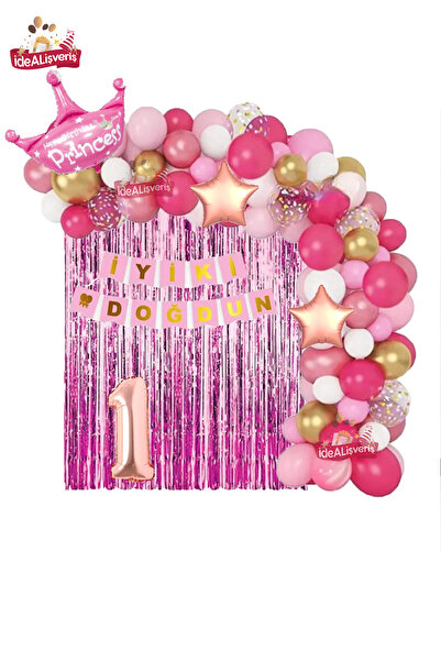 Genel Markalar Yıldızlı Pembe Beyaz Konseptli 1 Yaş Kraliçe Taçlı Doğum Günü Balon Zincir Seti