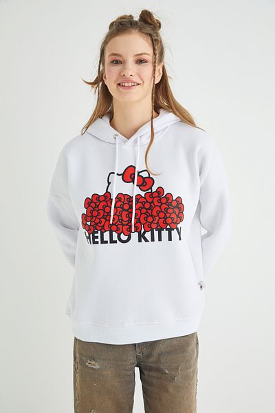 Hello Kitty Λευκό φούτερ με εμπριμέ κουκούλα με άδεια χρήσης Roz-109