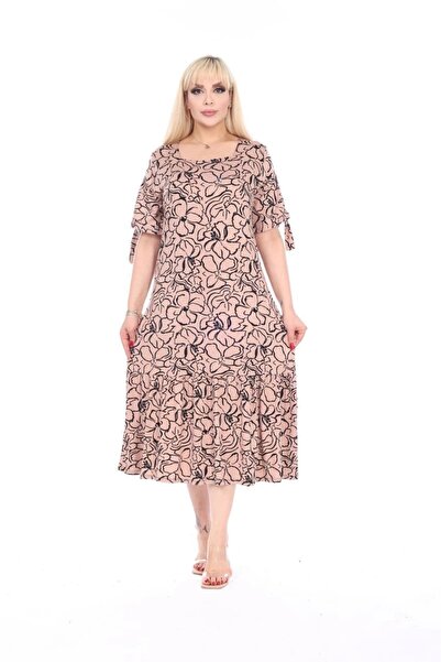 ModaSehle Women's Plus Size Square Neck Viscose Fabric Stretchy Short Sleeve Detailed Midi Dress