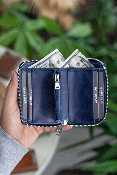 Garbalia Sydney Genuine Leather Coin Purse Zippered Crazy Navy Blue Wallet