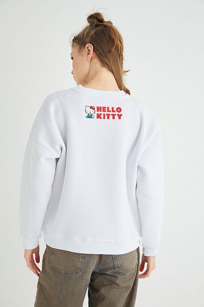 Hello Kitty Λευκό φούτερ με άδεια εκτύπωσης με λαιμόκοψη χοντρό oversize Roz-113