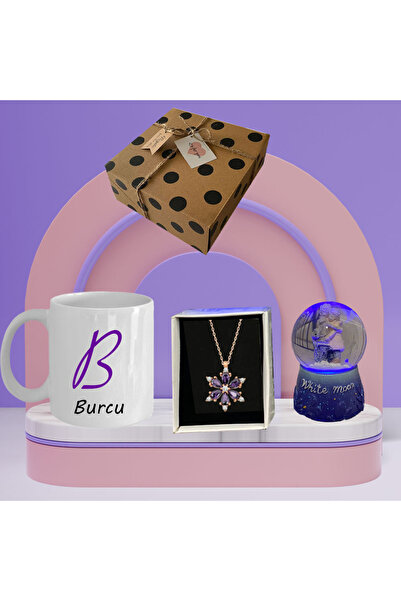 REGALOGİFT Mor Harfli Kupa Mor Lotus Kolye Gece Mavisi Işıklı Kar Küresi Seti
