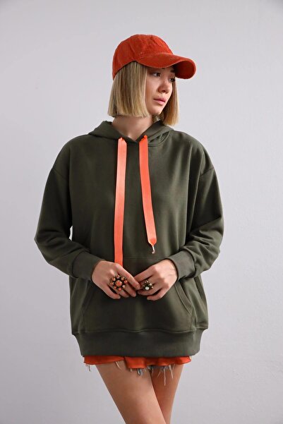Şaman Butik Haki Önü Cepli Kapüşonlu Sweatshirt