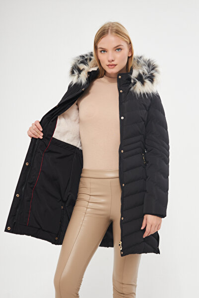 DYNAMO Women's Black Hooded Thick Coat with Removable Fur Lining 5302