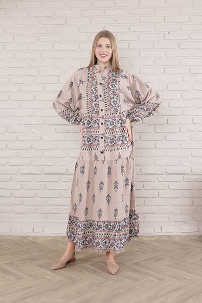 mervemoda Γυναικείο φόρεμα Plus Size - Μπροστινό με κουμπιά και ύφανση